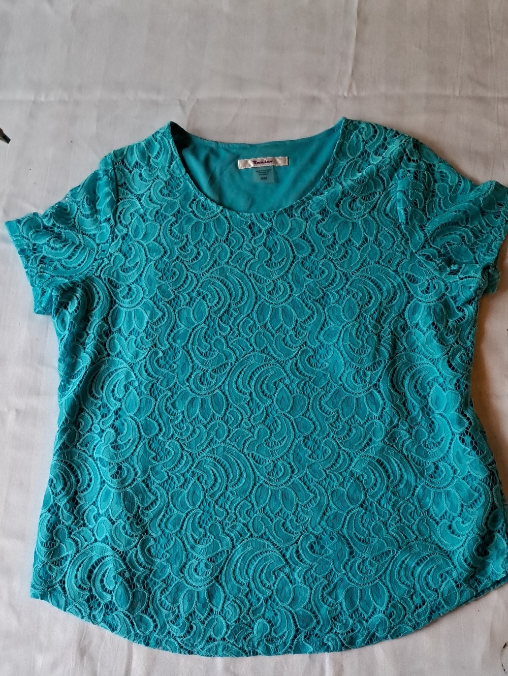 TanJay Teal Lace Short Sleeve Top
